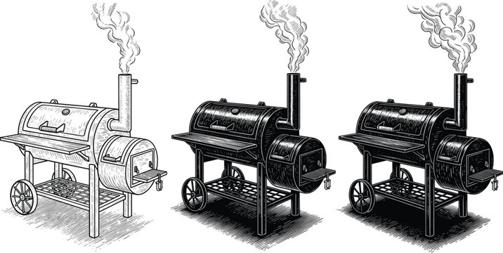 Offset smoker grill trio&mdash;black and white vector of three barbecue smokers in progressive shading styles