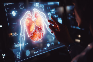 A healthcare expert interacts with a holographic display of lung scans, highlighting innovative medical technology and the future of patient analysis in a modern environment