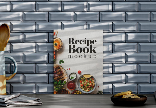 Cookbook Cover Mockup Standing on Kitchen Counter