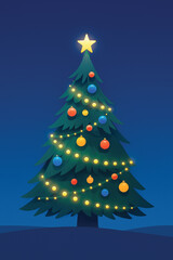 Outdoor Christmas Tree Decorated with Lights and Ornaments at Dusk