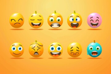 Set of twelve colorful 3d emojis expressing various emotions on an orange background, perfect for illustrating feelings in digital communication
