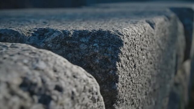 Closeup of weathered grey stone blocks with rough texture and moss