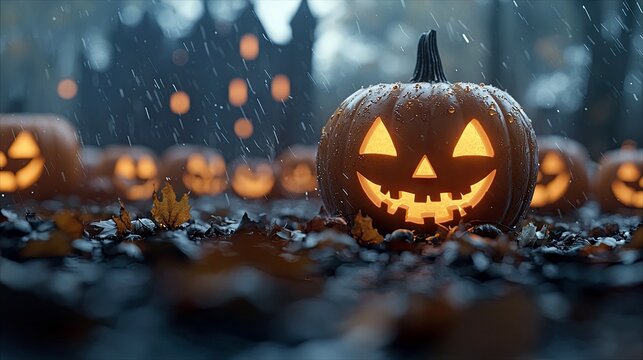 A close-up of a lit jack-o'-lantern with other carved pumpkins in the background, set in a forest during a rainstorm at night. - Powered by Adobe