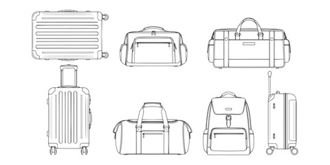 CAD Drawings. Various luggage items — hard-shell suitcase with wheels, soft travel bag, trolley suitcase, backpack, duffel bag isolated on white background. Vector illustration.