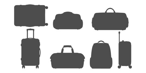CAD Drawings. Various luggage items silhouette&mdash; hard-shell suitcase with wheels, soft travel bag, trolley suitcase, backpack, duffel bag isolated on white background. Vector illustration.