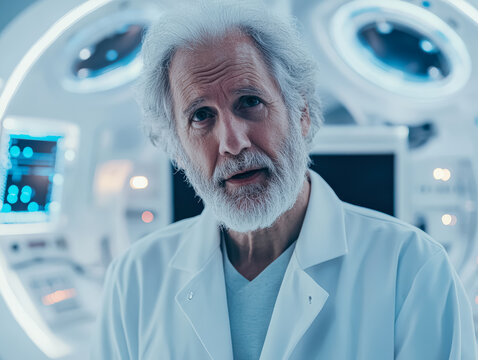 Senior male physician in a white lab coat speaks directly to the camera in a futuristic medical environment, surrounded by advanced technology and equipment