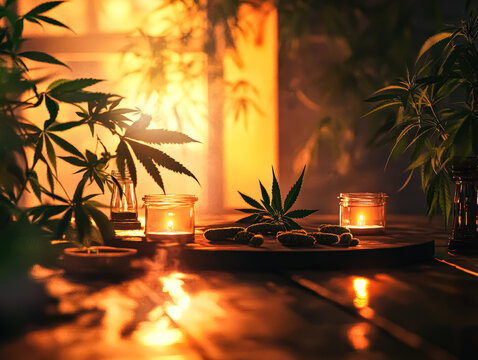 Lush cannabis leaves are displayed on a wooden table, illuminated by soft candlelight, creating a serene ambiance perfect for relaxation and wellness