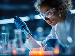 Female scientist in high-tech lab, analyzing vegan protein samples with pipette, surrounded by glassware and soft glowing light, highlighting health and sustainability themes