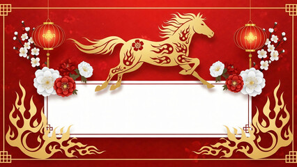 year of the Fire Horse decorative background, gold fire horse silhouette with flame patterns on left and right bottom corners