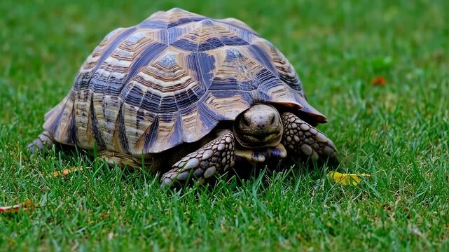 A textured tortoise with a patterned shell rests in the bright green blades of grass, in natural light