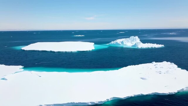 Aerial view of iceberg formations on a calm, blue ocean under a cloudless sky