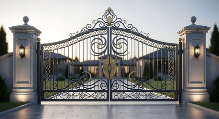 Wrought iron gates and fences frame the Brooklyn Bridge suspension structure over the New York City skyline and water