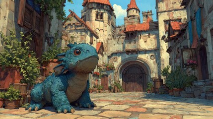 Whimsical illustration of a friendly small dragon exploring a perfectly preserved colorful medieval castle courtyard
