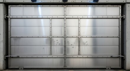 Industrial steel storage tank in a factory warehouse building with blue architecture and metal construction pipe structure