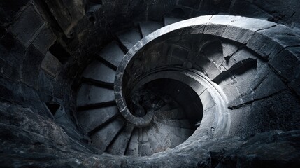 Medieval castle interior a dramatic spiral staircase made of worn stone winding up into shadowy darkness