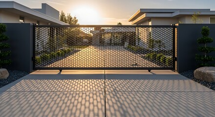 Architecture and building travel views feature a summer landscape of a stone hotel's exterior with a pool at sunset and a tennis court in the morning park