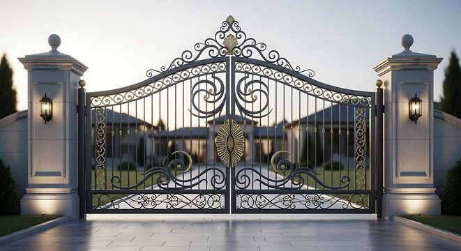 Wrought iron gates and fences frame the Brooklyn Bridge suspension structure over the New York City skyline and water