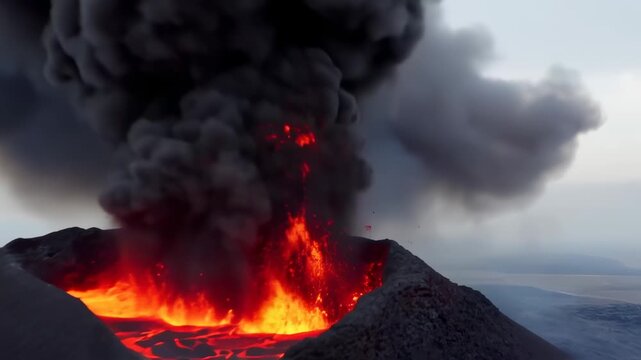 An erupting volcano spews dark smoke and red lava, flowing across a landscape