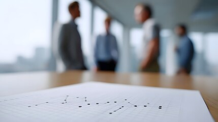 A blurred background shows professionals in a meeting while a financial chart is in focus on a table in soft light