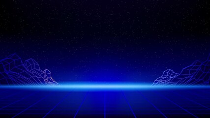 Retro futuristic abstract animated background. Synthwave 80s, 90s style video. Audio compact cassette, laser grid floor, wireframe mountain. 3d digital backdrop, music template. Seamless loop - Powered by Adobe