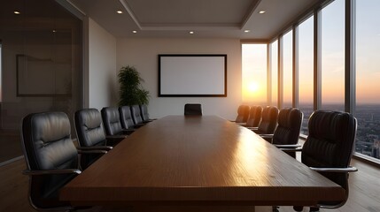 Fototapeta premium A modern boardroom with a large wooden table and chairs overlooking a city skyline at sunset bathed in golden hour light