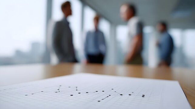 A blurred background shows professionals in a meeting while a financial chart is in focus on a table in soft light