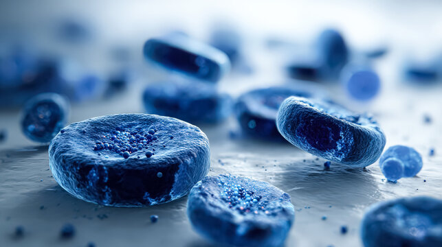 Close-up of blue virus particles on a reflective surface, highlighting their unique shapes and textures, illustrating the significance of health and disease prevention