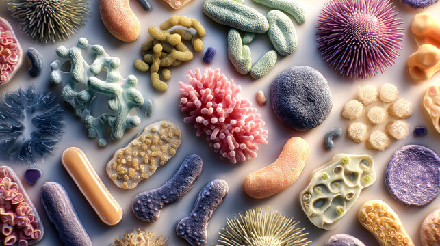 Microscopic representation of bacteria and viruses, displaying vibrant colors and intricate shapes, highlighting the significance of health and disease prevention in modern medicine