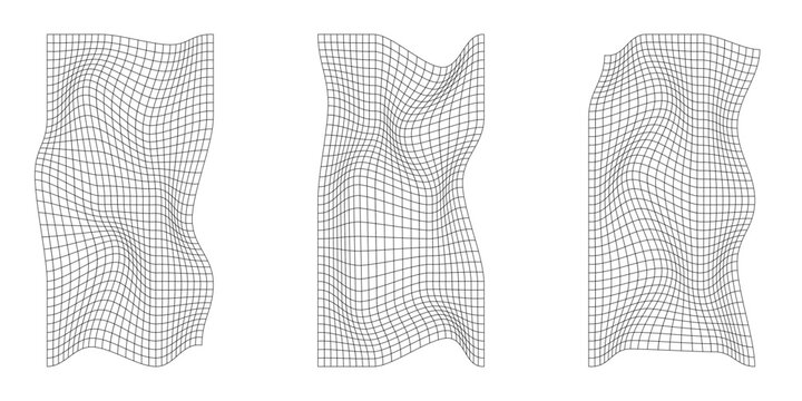 Distorted square grid. Warped mesh texture. Retro punk design elements. Wireframe wave geometry grid. Curved mesh elements. Eps10