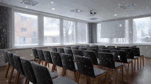 Empty seminar room interior with rows of chairs and projector  showing falling snow and winter trees