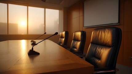 Sunlit boardroom with a large wooden table microphones and executive leather chairs illuminated by the warm glow of sunset through the