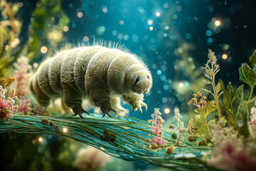 Close-up of a water bear, or tardigrade, moving across lush aquatic plants, highlighting its distinctive body structure and adaptability in a colorful underwater scene