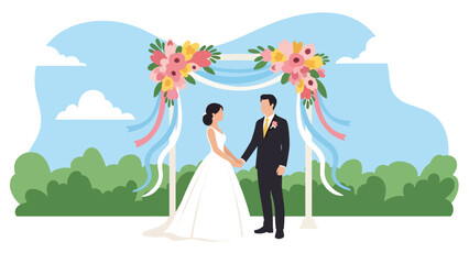 Modern flat wedding illustration of a bride and groom standing under a decorated floral arch holding hands, ideal for romantic invitations, celebration prints, and love themes