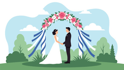 Modern flat wedding illustration of a bride and groom standing under a decorated floral arch holding hands, ideal for romantic invitations, celebration prints, and love themes