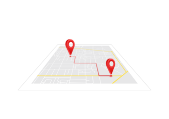 Route on a Map: A visualized journey across a map with a clear route marked. Two markers on the map show the start and end of the route, signifying navigation. 