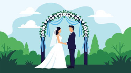 Modern flat wedding illustration of a bride and groom standing under a decorated floral arch holding hands, ideal for romantic invitations, celebration prints, and love themes