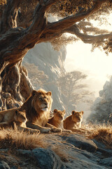 Naklejka premium Lion family rests under a tall tree in the African prairie during midday