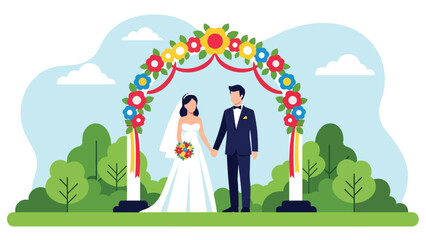 Modern flat wedding illustration of a bride and groom standing under a decorated floral arch holding hands, ideal for romantic invitations, celebration prints, and love themes