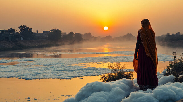 A woman standing on the banks of Yamuna river covered in toxic foam.	