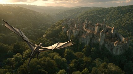 Golden sunrise over medieval castle dragon flying low wings casting shadows on stone walls lush forest backdrop epic adventure scene
