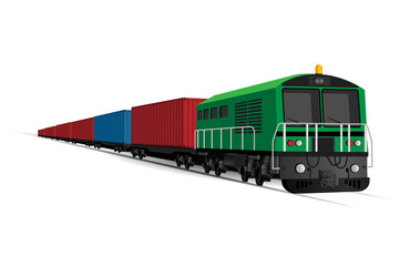 Fototapeta premium Freight Train on the Tracks: A vibrant train with brightly colored cargo cars, speeding along the rails, represents the efficient movement of goods across vast distances.