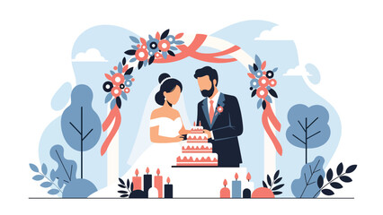 Flat modern vector illustration of a bride and groom cutting a wedding cake together, perfect for reception visuals, romantic artwork, and celebration media