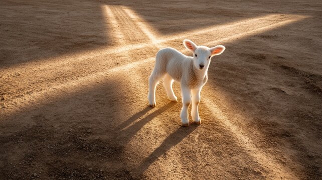 Innocent lamb standing on cracked earth, looking at a cross shadow representing faith, guidance, and redemption