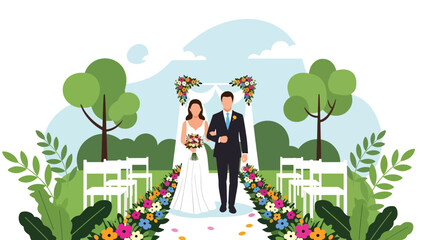 Modern flat illustration of an outdoor garden wedding with couple walking the aisle, ideal for nature-inspired romance themes and event branding