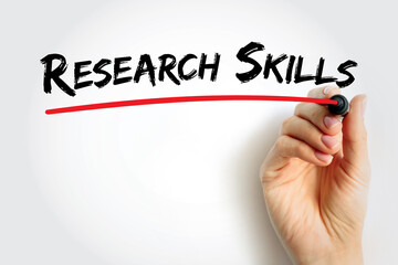 Fototapeta premium Research Skills text hand drawn with red underline by marker, representing academic development, learning methods, data analysis, and critical inquiry