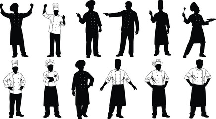 Diverse culinary team silhouettes cooking with passion, ideal for restaurant menus, food blogs, or chef training materials, originally a scalable vector graphic