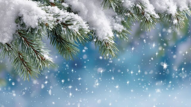 Snow covered fir branches with falling golden stars creating a magical winter holiday background - Powered by Adobe