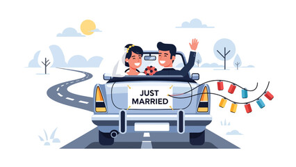 Flat vector illustration of a couple leaving in a decorated “Just Married” car, perfect for celebration graphics and honeymoon storyline visuals