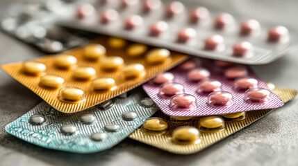 Vibrant collection of birth control pill packs displayed on a textured surface, highlighting diverse shapes and colors, symbolizing choices in reproductive health and women's empowerment