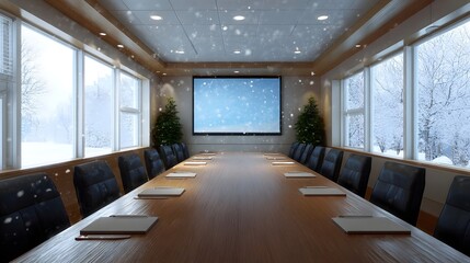 Modern conference room interior overlooking a winter landscape with falling snow